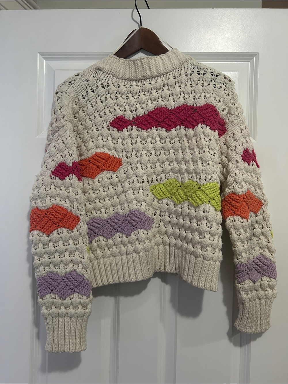 Zara Cream Crochet Cardigan with Pink, Orange, Lime & Lavender Accents - Picture 2 of 3